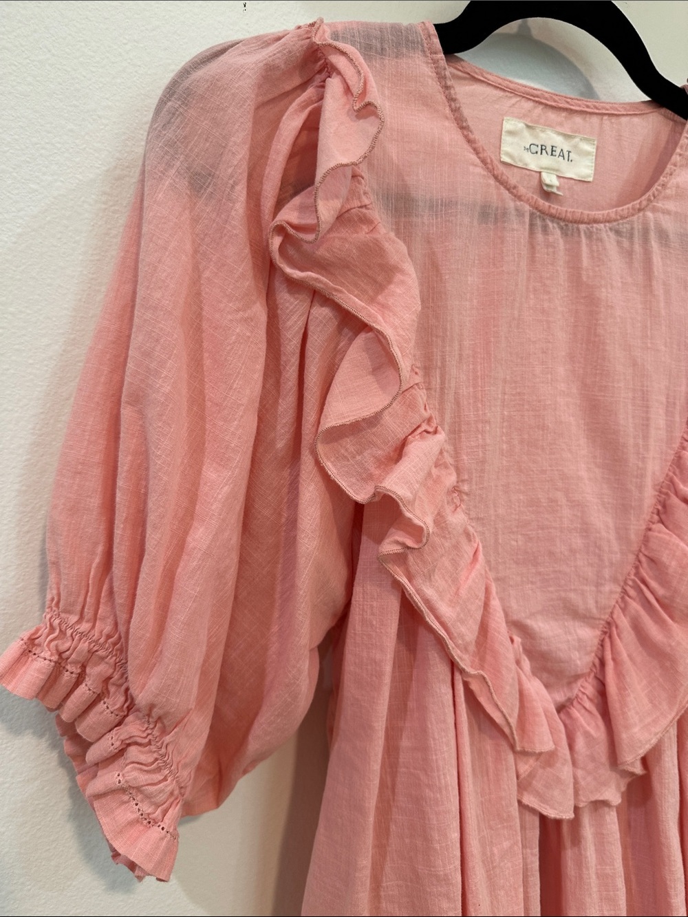 THE GREAT. Pink Ruffle Puff-Sleeve Blouse. Boho. Cottage Core. Coastal Cowgirl. - Picture 10 of 12